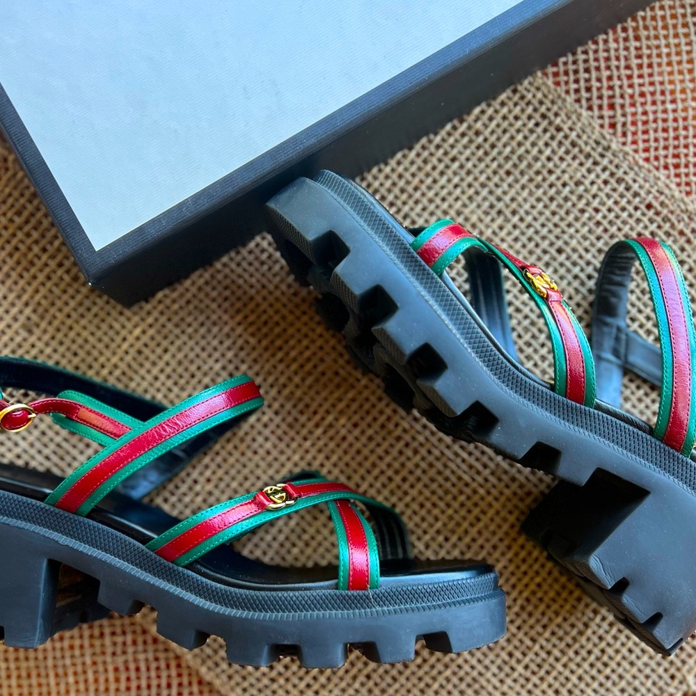 SOLD - Gucci Green/Red Leather Block Lug Heel Sandals Size 40 Quentin